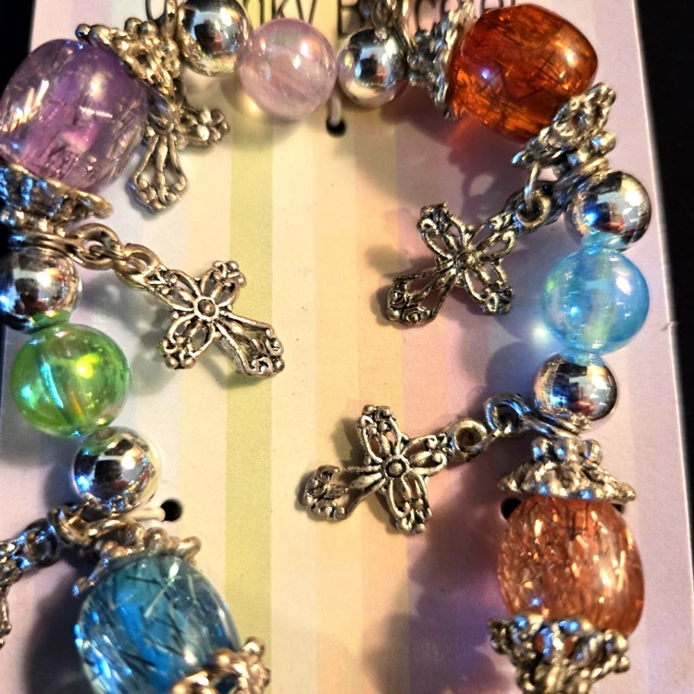 Batch of 4 Kids Elastic Stretch Beaded Silvertone Bracelets, Play